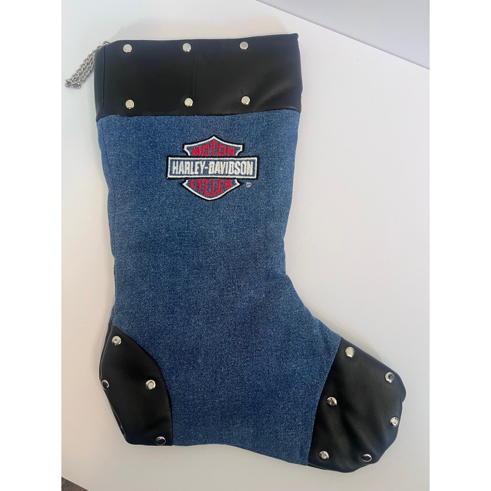 Harley-Davidson Denim and Leather Christmas Stocking Blue Studded Logo Ornament